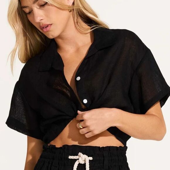 988 NWT Vitamin A Hana Cropped Shirt - Black EcoLinen SZ XS - Picture 1 of 10